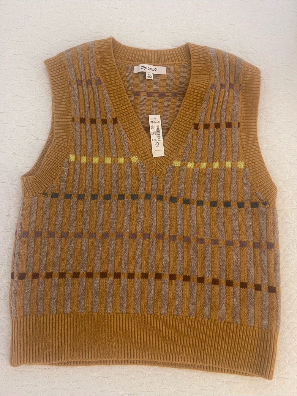 Madewell Men's Mustard Checkered V-Neck Sweater Vest